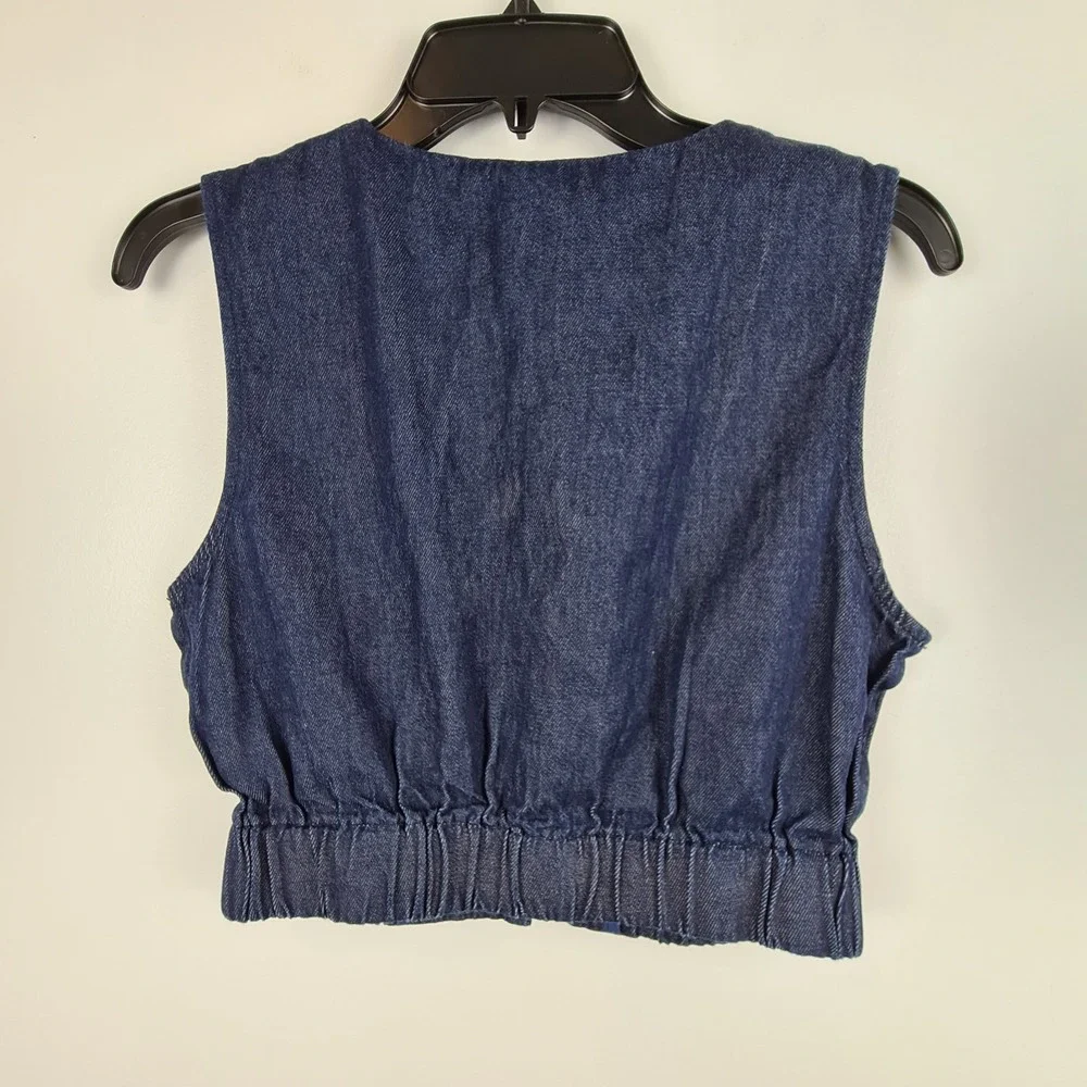 Forever 21 Women's Denim Vest Cropped Fitted Dark Wash XS Elastic Waist Buttons - Picture 6 of 7